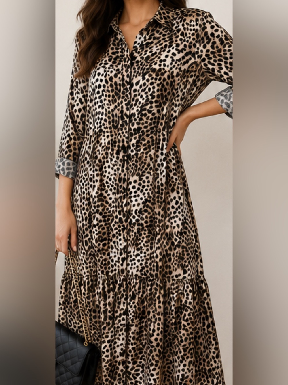 Leopard Print Shirt Dress Midi Tiered Ruffle Hem M